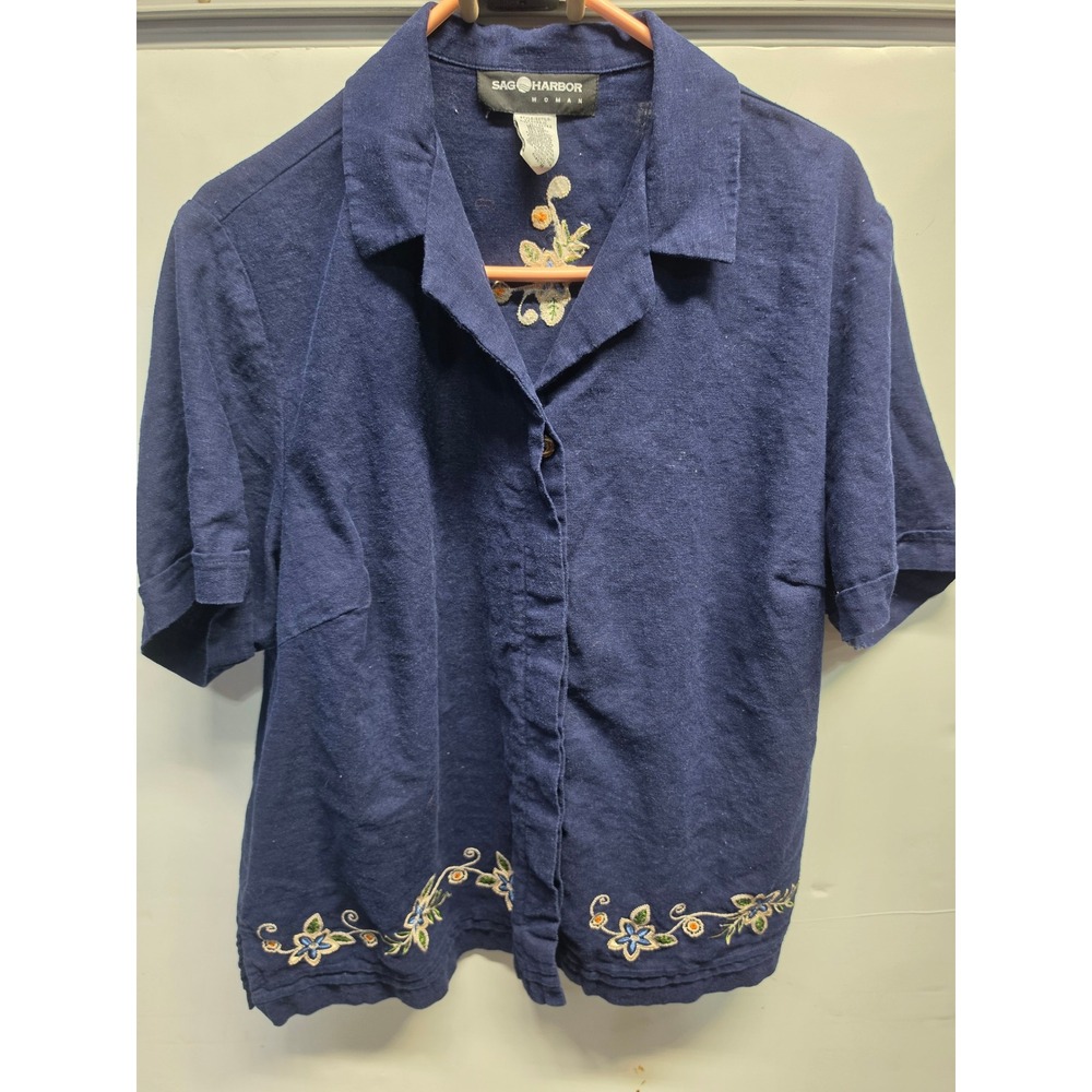 Sag Harbor Woman Navy Blue Linen Blend Embroidered Floral Camp Shirt 1X T44034JC